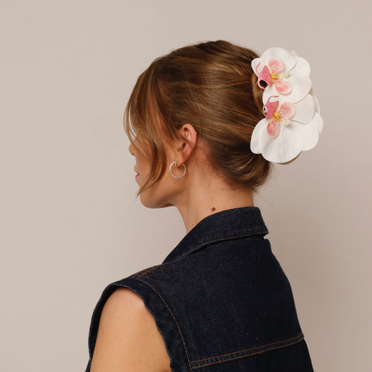 Large orchid hair clip - CORAL WHITE